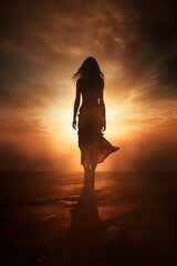 Wall Mural - Amazing Shot of a Lady Walking towards the Sun during the Sunset. Long Dress Blown by the Wind.