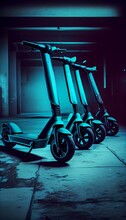 Sky Blue Electric Scooter, High Appearance Level. Photo In High Quality. Generative In Ai Technology
