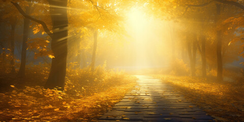 Wall Mural - autumn park alley bathed in bright golden sunlight, with yellow trees and carpet of falling leaves