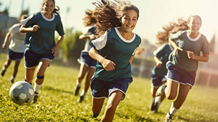 A team of teenager girls soccer team in green kit playing soccer and running on soccer field, fitness, physical activity 