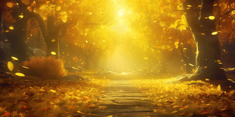Wall Mural - idyllic autumn park scene with yellow trees shedding their leaves along a sunlit pathway