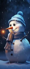 Wall Mural - Snowman with a hat and a hat, with a lamp in his hand. New Year and Christmas concept. Winter background.