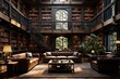 © Ivy - Floor-to-Ceiling Elegance: A Contemporary Home Library Adorned with Wooden Bookcases. Generative AI