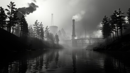 Poster - A black and white photo of a factory and trees. Generative AI image.