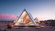 futuristic desert house with a sleek and modern design, futuristic and luxurious campsite, tent design, warm light
bedroom, living room, pink light in the sky at sunset atmosphere on the desert, AI