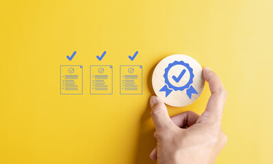 Leinwandbilder - Quality Certificate and Checklist document analyst target marketing planning assignment with quality management. Standardization, certification. Compliance to regulations service and standards.