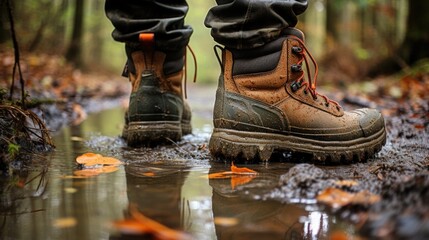 Canvas Print - A man wearing boots walking through a puddle in the woods. Generative AI image.