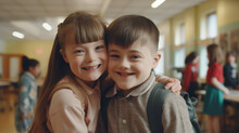 Two Smiling Children With Down Syndrome. Education For Special Children.
