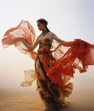 Young Beautiful Eastern Dancer In Red Dress In Desert