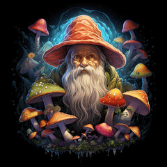 Wall Mural - representation in a logo format of a psychedelic landscape with magic mushrooms and wizards
