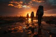 Embracing the Horizon: Multiple Travelers' Silhouettes Painted Against a Fiery Sunset, Each Charting Their Unique Path Yet United in the Shared Journey of Life Generative AI	
