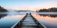 A Straight Flat Simplistic Rectangular Lake Dock, Beautiful Sunrise, Foggy, Calm Water. Nature Relax Wallpaper.