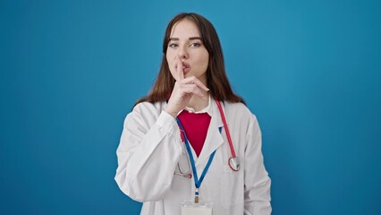 Poster - Young hispanic woman doctor asking for silent over isolated blue background