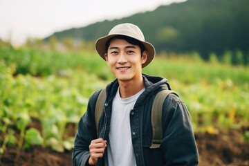 Young japanese male farmer working and smiling in a farm field portrait