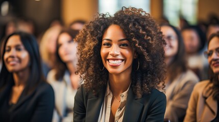 Smiling successful colored woman in a business gathering, generative ai