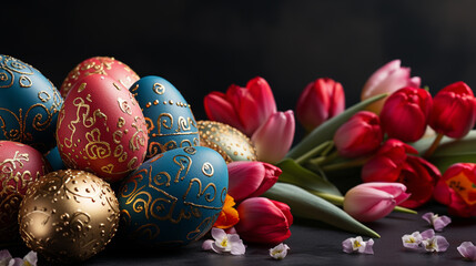 Wall Mural - easter eggs and flowers HD 8K wallpaper Stock Photographic Image