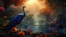 Tropical Background Royal Birds Peacock Heron Colorful Fern Leaves. Generative AI