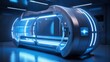 a cylindrical, futuristic hyperbaric chamber with a hinged door. Generative AI