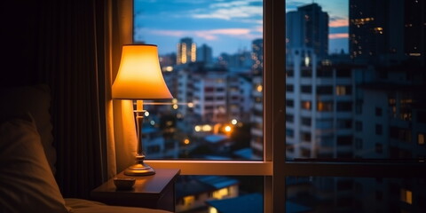 Wall Mural - cozy evening room ,lamp on window top with view on night city buildings   