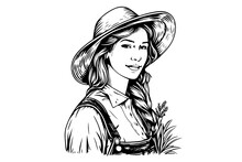 A Woman Farmer Harvesting In The Field In Engraving Style. Drawing Ink Sketch Vector Illustration.