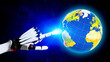 Robot hand pointing planet earth. Global network.