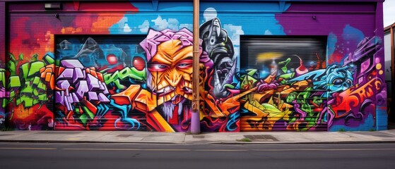 Wall Mural - Vibrant colors come alive in this street art mural, expressing the artists creativity through a mix of text and graffiti. Full Frame,