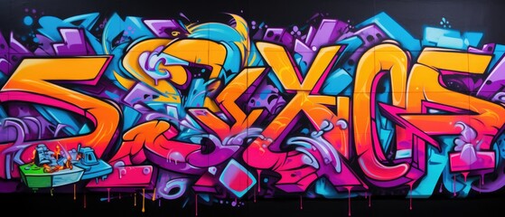 Wall Mural - Vibrant colors come alive in this street art mural, expressing the artists creativity through a mix of text and graffiti. Full Frame,