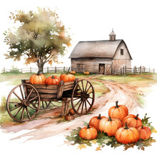 Autumn Still Life With Pumpkins, Farmhouse, Pathway, Rustic Wooden Cart With Wheel Watercolor Illustration Isolated