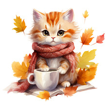 Cat With A Cup Of Tea, Fall Leaves Cozy Autumn  Watercolor Illustration Isolated