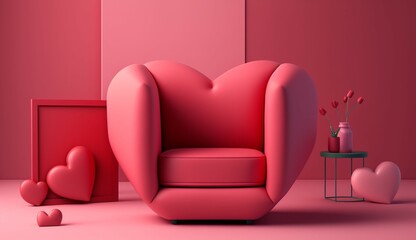 Red heart on pink armchair mock up minimal interior de Generative Ai