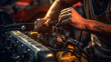 Fototapeta Tulipany - An expert technician, wearing gloves, meticulously opens a used Lithium-ion car battery for repair, with an EV car in the background, all captured in selective focus.
