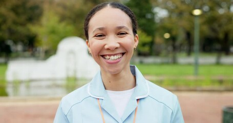 Sticker - Professional nurse woman, park and face with smile, young and excited for healthcare career in Toronto. Medic girl, outdoor and nature for walk, wellness and happy in summer sunshine in portrait