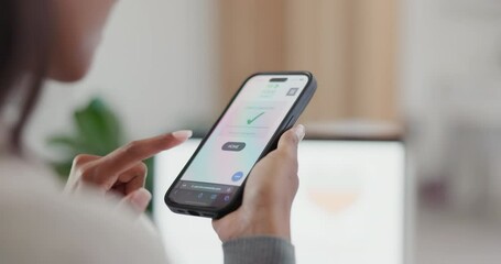 Poster - Hands, phone and scroll with online shopping, food and choice for deal, promo or sale for lunch in workplace. Woman, smartphone and click for e commerce, restaurant app or sushi menu on web in office