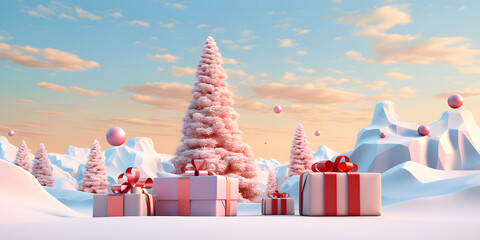 Wall Mural - Holiday present illustration with christmas tree, snow and presents, 3D style of light pink and sky-blue minimalist pastel colored,  AI generate 