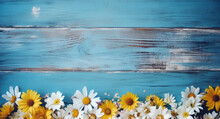 Sunflowers & Daisies Bloom On Blue, Nature's Vibrant Tapestry. Copy Space Invites Creativity