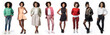 © leezsnow - Group of full body black teenage girls, standing, in different ages, sizes, poses, expressions, hairstyles, clothing, separately isolated on a white background.