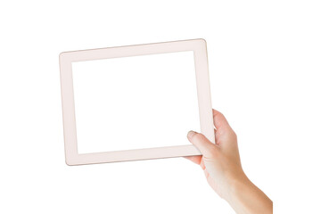 Poster - Digital png photo of caucasian hand holding tablet with copy space on transparent background