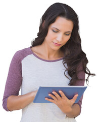 Poster - Digital png photo of happy caucasian woman using tablet on transparent background