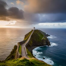 Sunset Over The Ocean In A Cloudy Day Seen From Miradouro Do Cintrao, Sao Miguel Island, Azores Islands, Portugal, Atlantic Ocean, Europe. AI Generated