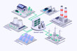 Smart grid. Isometric electricity production plants diagram. Electric car charge. IOT house. Internet or vehicle power. Solar and nuclear energy station. Vector infographic illustration