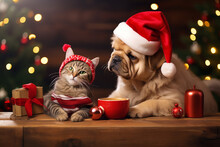 Cute Dog And Cat Together Near Christmas Tree And Gifts
