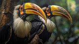 Fototapeta  - Two Great Hornbill Coraciiformes hornbill bird. Generative Ai
