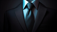 Black Business Suit With A Tie. Male Jacket With Shirt And Tie Close Up