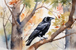 A carrion crow in the forest in autumn - Watercolor style