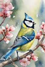 A Blue Tit In Spring - Watercolor Style