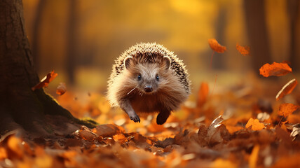 freedom the hedgehog runs through the autumn forest dynamic scene leaves fly around the onset of autumn changes