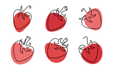 Strawberry icons set. Single line art style strawberry. Abstract creative food illustration in minimalism design. Hand drawn vector illustration. Line art doodle illustration