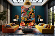 modern maximalist living room interior, eclectic