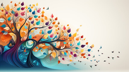 Wall Mural - multicolored autumn tree is a symbol of nature on an unusual background computer graphics logo