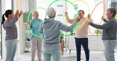 Sticker - Fitness, senior and people with hula hoop at the gym for training, workout and health in retirement. Happy, together and a group of elderly friends with a coach and gear for an exercise class